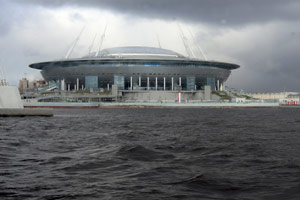 05-10-19 - Cruising to Peterhof Palace: Sight to river Newa and the new stadium